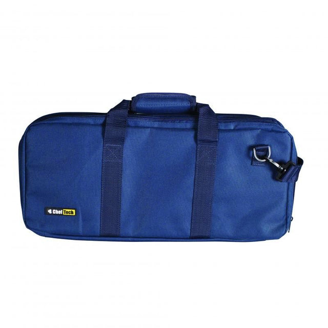 Cheftech 18 Pockets Inc Strap Blue knife roll bag with 3 vented compartments and padded fabric for optimal tool storage.