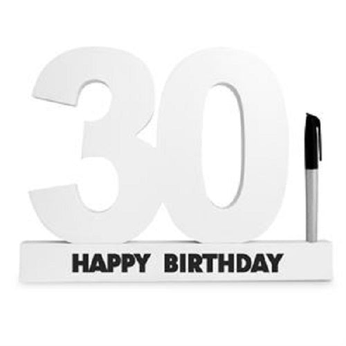 Elegant white 30th birthday sign for guests to leave heartfelt messages, includes a black marker for convenience.
