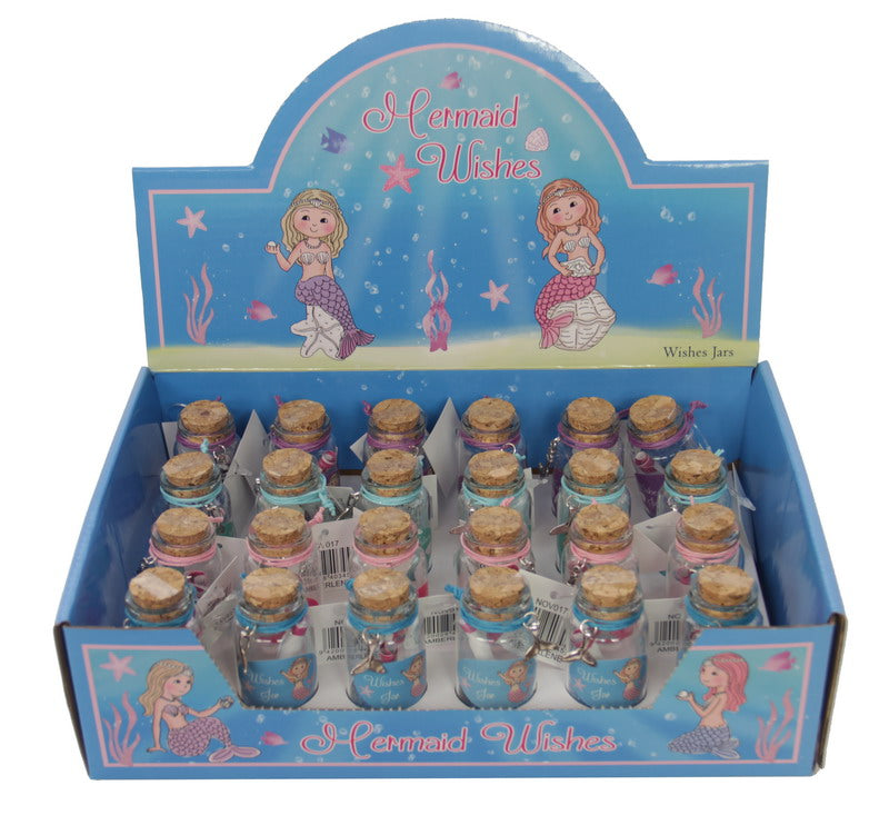 Colorful Mermaid Wishes jars set of 24, perfect for decor, gifts, or party favors, each measuring 3cm by 7cm.