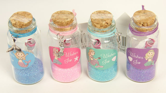 Colorful Mermaid Wishes jar set of 24, perfect for crafts, party favors, or home decor, each jar captures ocean magic.
