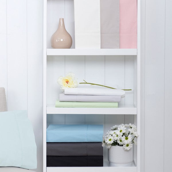 King Single Sheet Set in Charcoal, 250TC Poly/Cotton, includes flat sheet, fitted sheet, and pillowcase with elegant piping.