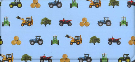 Vibrant Tractor Ted pencil tin with six coloring pencils, rubber, sharpener, and notepad for creative kids.