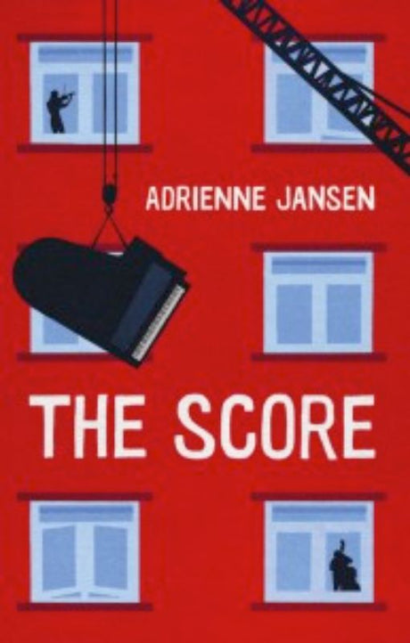 Cover of 'The Score' by Adrienne Jansen, depicting a grand piano amidst a vibrant urban backdrop and themes of community and resilience.