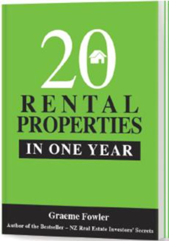 Book cover of "20 Rental Properties in One Year" by Graeme Fowler, showcasing property investment strategies for financial freedom.