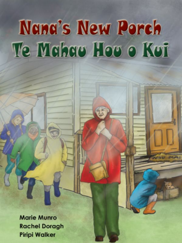 Bilingual children's book featuring Nana and Kiwi friends fostering creativity, teamwork, and adventure on a vibrant back porch.