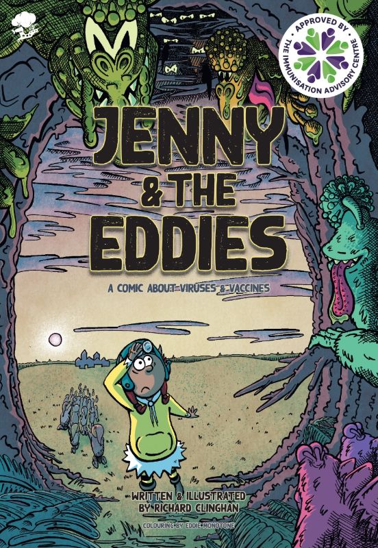 Colorful cover of 'Jenny and the Eddies', a children's graphic novel about an elf's quest promoting vaccine safety.