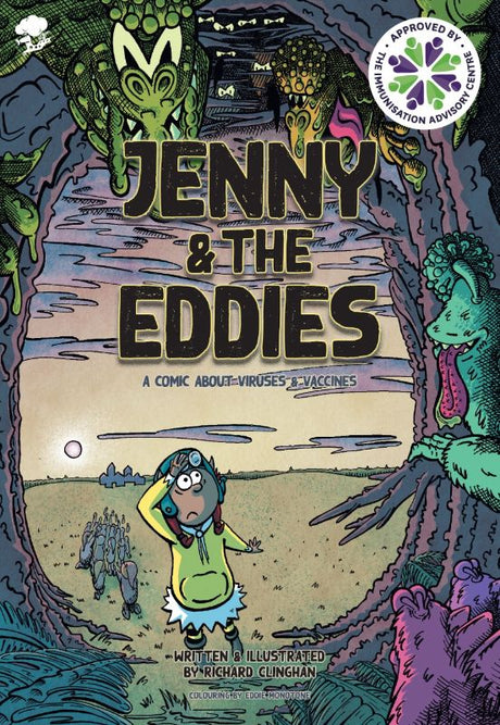 Colorful cover of 'Jenny and the Eddies', a children's graphic novel about an elf's quest promoting vaccine safety.