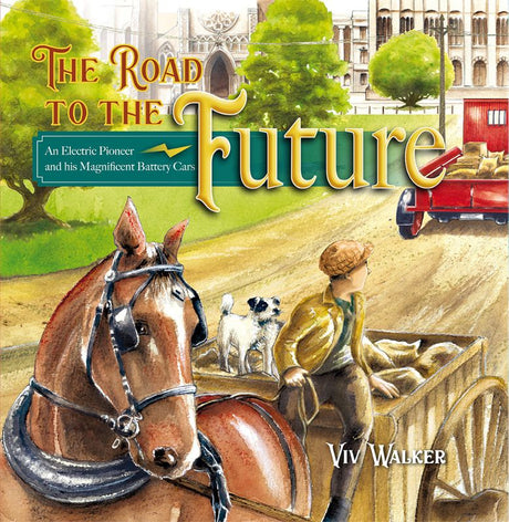 Children's book cover featuring 'The Road to the Future', illustrating New Zealand's first electric truck and a historic race.
