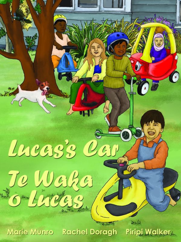 Bilingual children's book cover featuring Lucas, a speed king, surrounded by colorful illustrations and M?ori words.