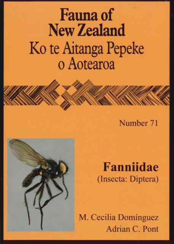 "Fauna of New Zealand Number 71 Fanniidae book cover, detailing Fanniidae flies' ecology and significance for entomologists."