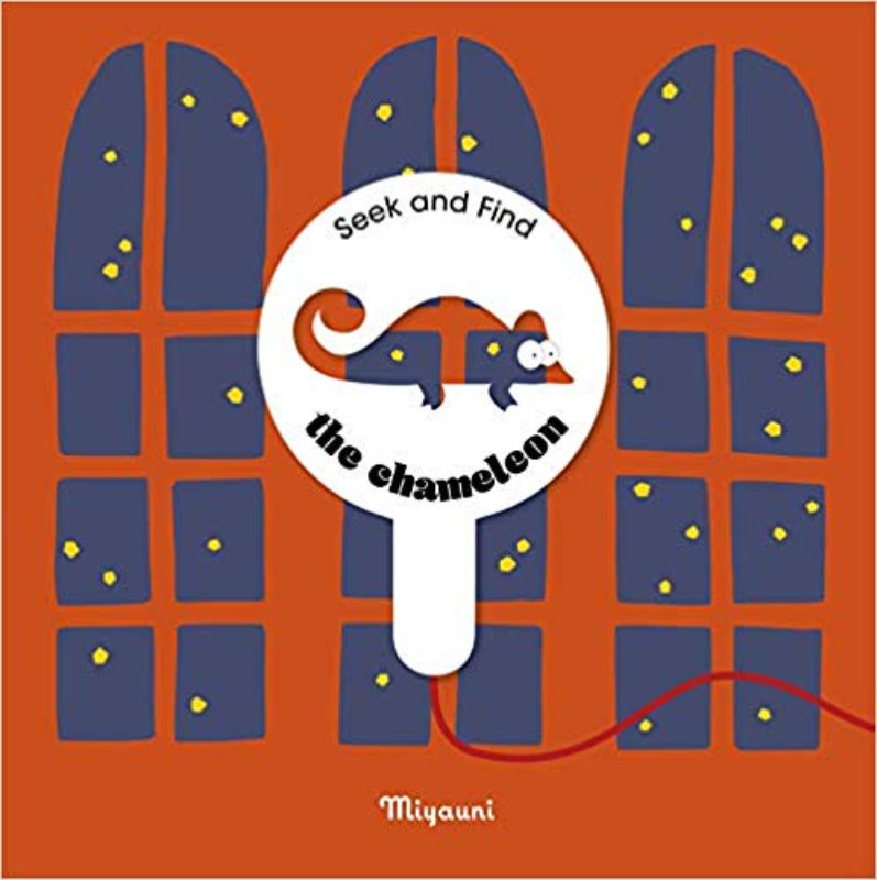 Colorful hardcover seek-and-find book featuring chameleons, engaging observation skills, and vibrant patterned images.