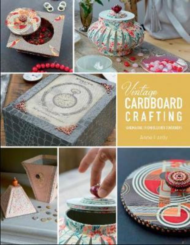 Vintage Cardboard Crafting book cover showcasing artistic vintage box designs and materials for creative projects.