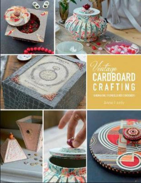 Vintage Cardboard Crafting book cover showcasing artistic vintage box designs and materials for creative projects.