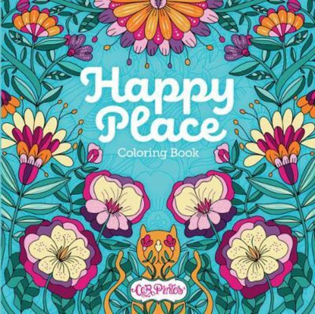 Adult coloring book "Happy Place Colouring" featuring intricate nature designs and mindfulness prompts by Car Pintos.