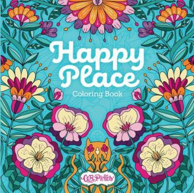 Adult coloring book "Happy Place Colouring" featuring intricate nature designs and mindfulness prompts by Car Pintos.