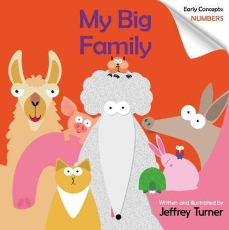 Colorful illustration of Doodle the Science Poodle and her diverse animal family, teaching counting and inclusion in a children's book.