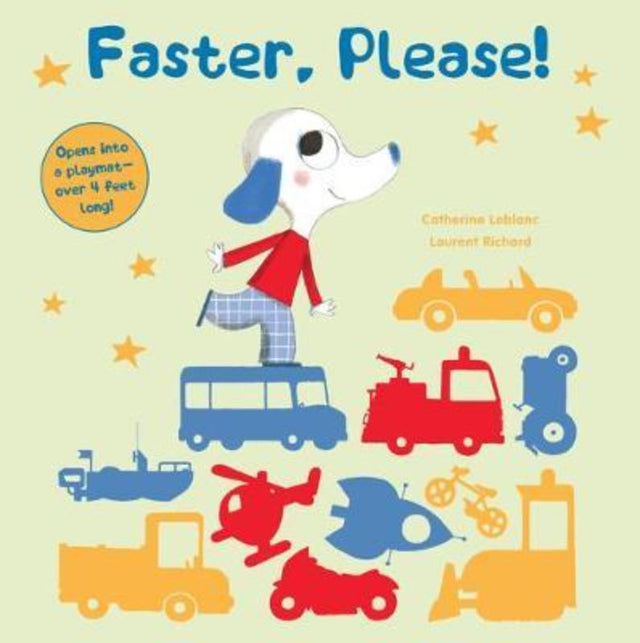 Children's book "Faster, Please!" featuring vibrant illustrations and a fold-out play mat for vehicle toys.