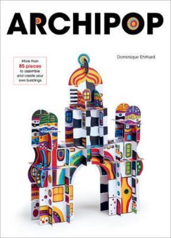 Colorful 'Archipop' building kit featuring 10 cardboard sheets and 85+ pieces for creative architectural projects inspired by Hundertwasser.