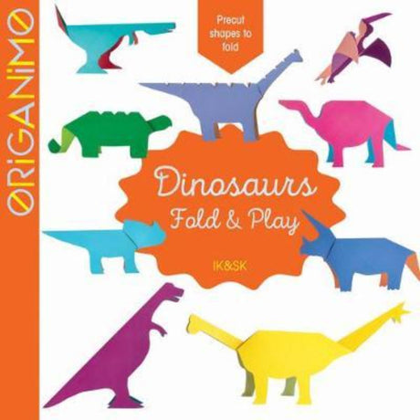 Colorful Dinosaurs Fold & Play book with 32 pages, featuring 18 foldable dinosaur designs for creative paper engineering fun.