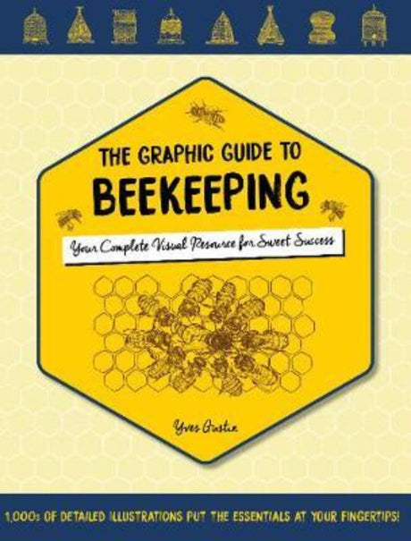 Illustrated beekeeping guide featuring detailed drawings on hive management, bee types, and honey harvesting tips.