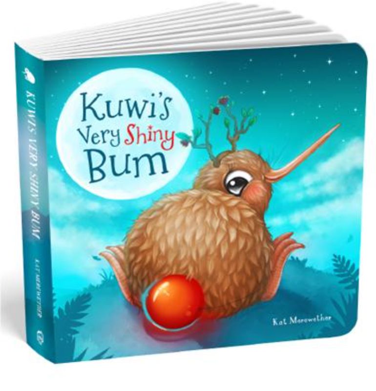 Cover of "Kuwi's Very Shiny Bum Board Book" featuring colorful illustrations of a kiwi sharing gifts with her friends.