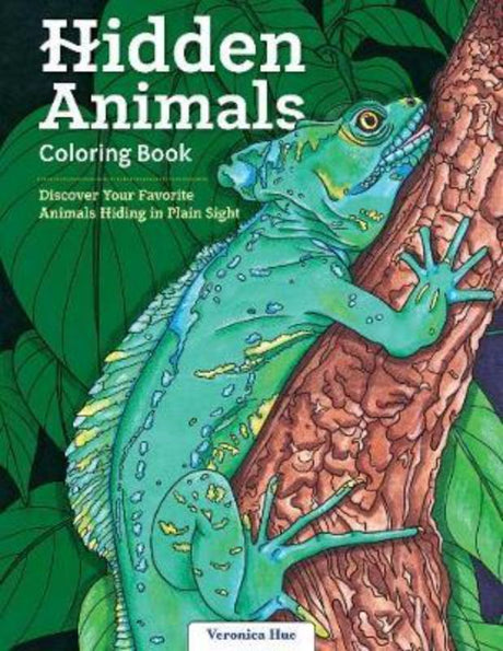 Colorful cover of the Hidden Animals Coloring Book featuring intricate line art of camouflaged animals in various habitats.