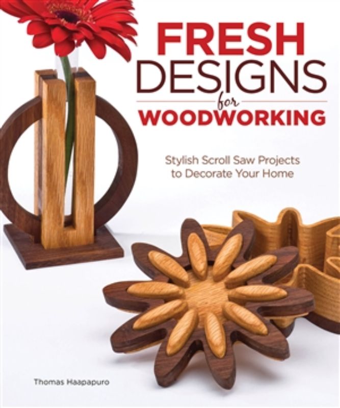 Alt text: "Book cover of 'Fresh Designs For Woodworking' featuring modern scroll saw projects and designs for all skill levels."