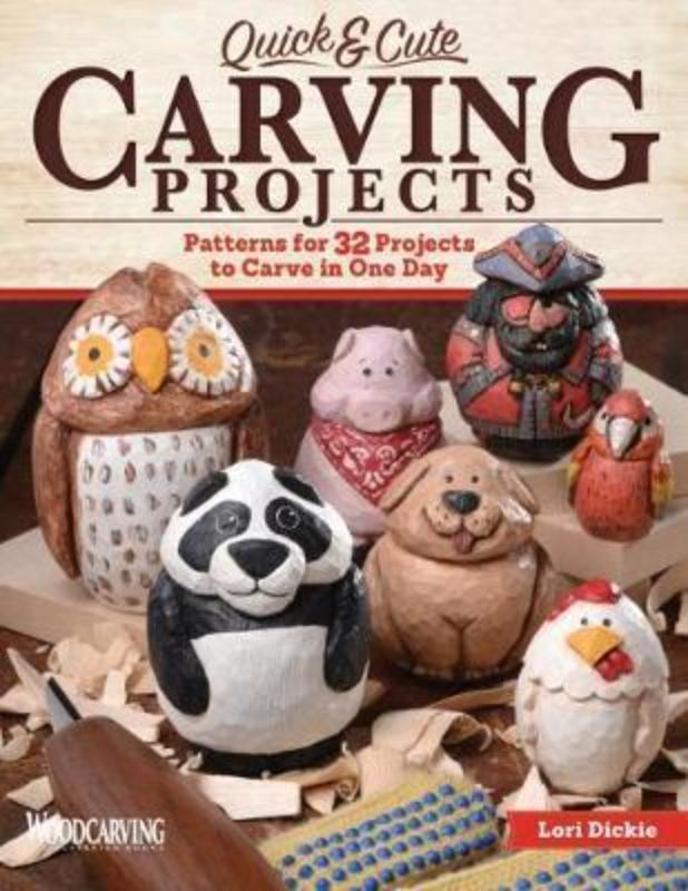 Paperback guide titled "Quick & Cute Carving Projects" featuring 44 easy woodcarving projects for all skill levels.