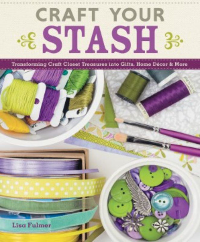 A colorful collage of craft supplies, featuring fabric, beads, and ribbons, with the book "Craft Your Stash" by Lisa Fulmer.