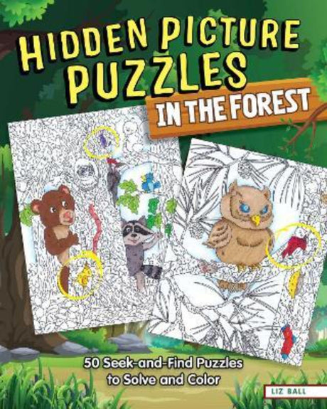Engaging activity book featuring 50 hidden picture puzzles of the forest with over 400 items and animal illustrations.