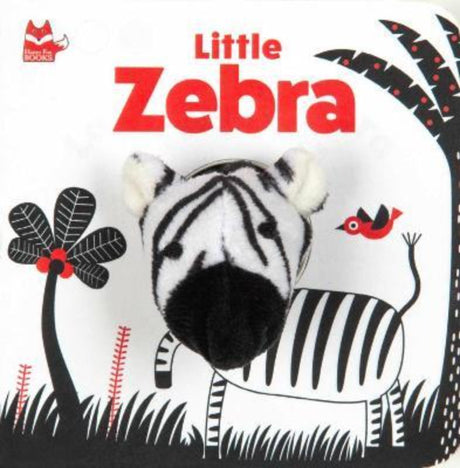 Engaging baby book featuring a plush zebra puppet and high-contrast art for visual development and interactive storytelling.