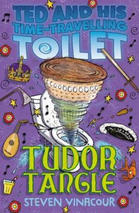 Illustration of Ted on a whimsical toilet, time-traveling to the Tudor era, encountering Henry VIII in a humorous adventure.