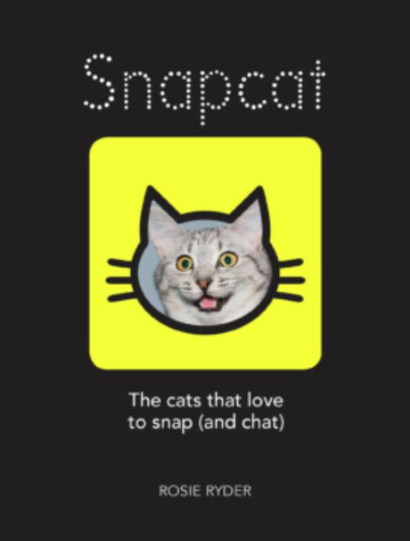 Hardback book "Snapcat" features humorous cat photos and captions, showcasing feline antics through Snapchat.