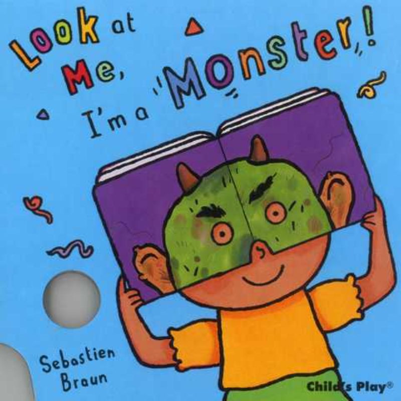 Children's book "Look At Me I'm A Monster" with interactive mask, vibrant pages for imaginative role play and social development.