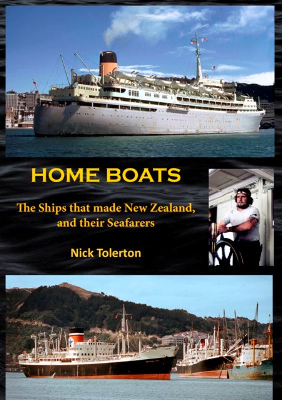 Hardback book "Home Boats" by Nick Tolerton, exploring New Zealand's maritime history with 400 illustrations and captivating tales.