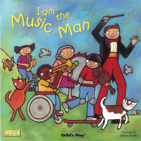 Interactive children's book with die-cut windows revealing musicians, encouraging creativity and musical exploration.