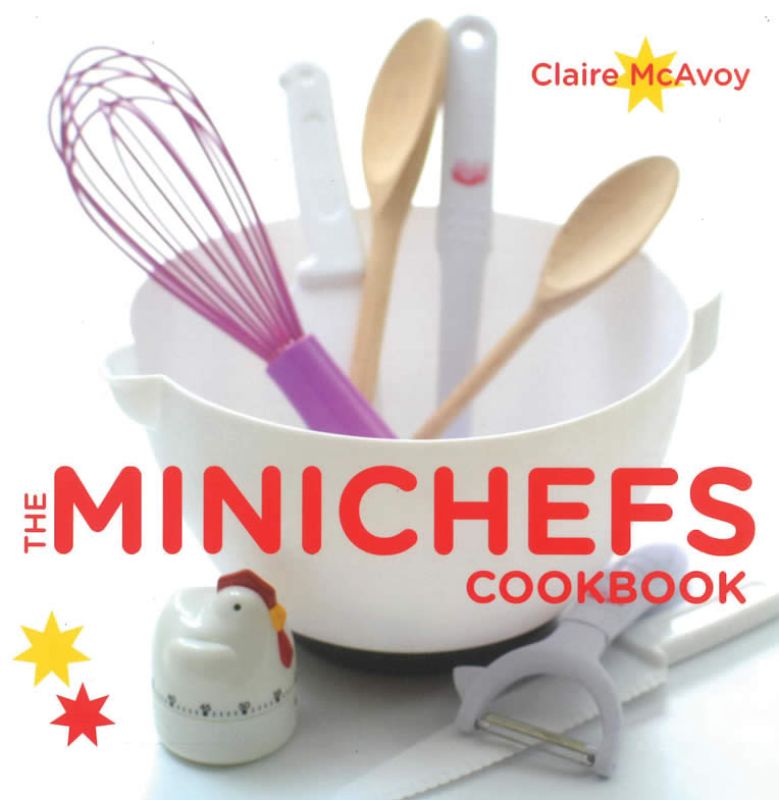 Colorful Minichefs Cookbook by Claire McAvoy, featuring 96 kid-friendly recipes for young chefs to explore cooking.