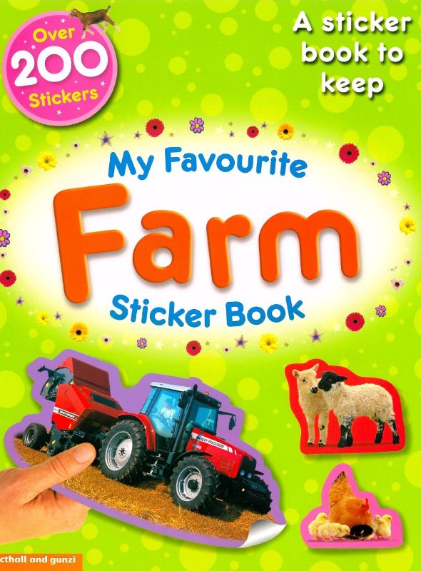 Colorful sticker book featuring farm animals and vehicles, designed for young readers to enhance creativity and literacy skills.