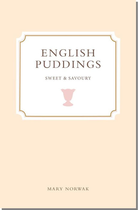 Hardback cookbook "English Puddings - New Edition" by Mary Norwak, featuring classic British dessert recipes and cooking tips.