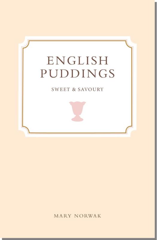 Hardback cookbook "English Puddings - New Edition" by Mary Norwak, featuring classic British dessert recipes and cooking tips.
