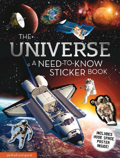 Vibrant space sticker book with illustrations, facts, and a fold-out solar system poster for young explorers.