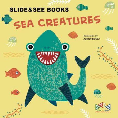 Colorful hardback children's book with sliding mechanisms showcasing sea creatures, perfect for ages 1-4 to explore marine life.