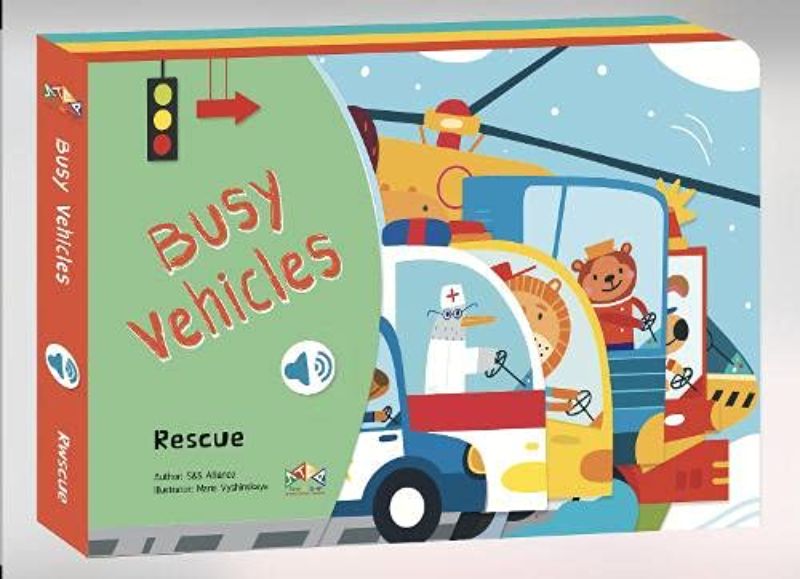 Hardback children's book "Busy Vehicles Rescue" featuring 12 pages of vibrant vehicle shapes and sound buttons for interactive fun.