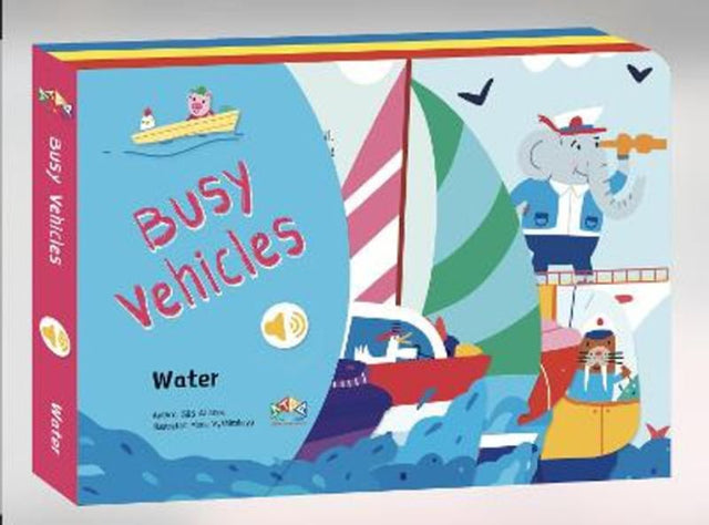 Colorful hardback children's book featuring 24 vehicles with sound buttons on uniquely shaped pages for interactive learning.