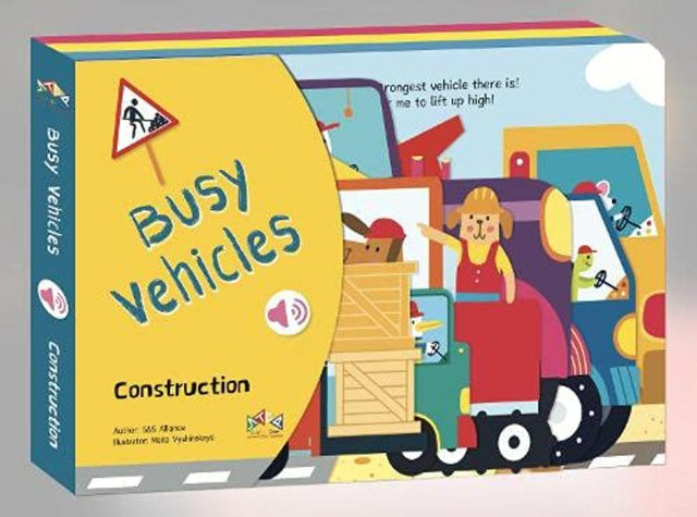 Interactive hardback book for toddlers featuring construction vehicles, sounds, and engaging shaped pages for sensory exploration.