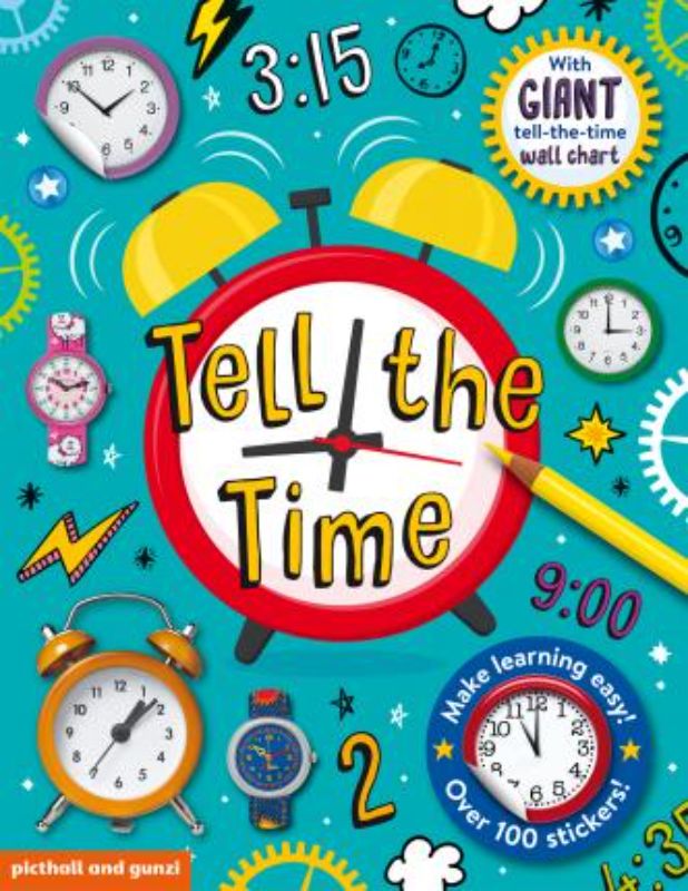 Colorful sticker book featuring activities and puzzles to help children learn to tell time, includes a giant reference poster.