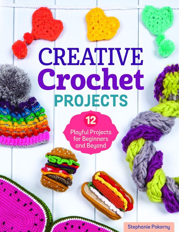 Vibrant crochet book cover featuring colorful projects like a beehive mobile, scarves, and charming toys.