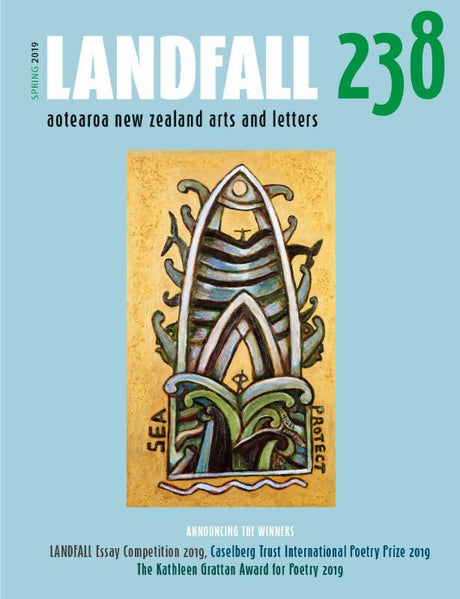 Cover of Landfall 238, a vibrant paperback featuring award-winning poetry and essays from diverse contemporary writers.