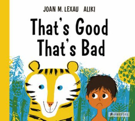 Vintage children's book cover featuring a boy on a rock in a jungle, facing a tiger, showcasing storytelling's magic and adventure.