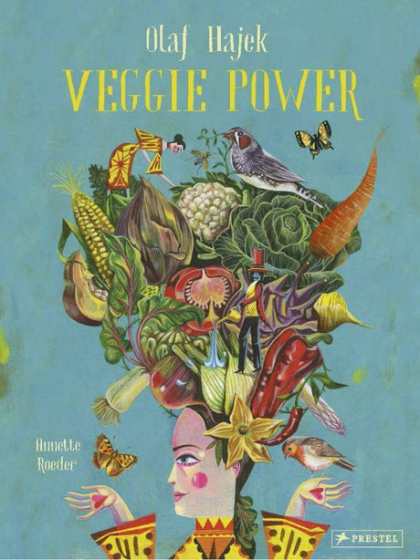 "Beautifully illustrated hardcover book 'Veggie Power' by Olaf Hajek, showcasing vibrant vegetables and their stories."